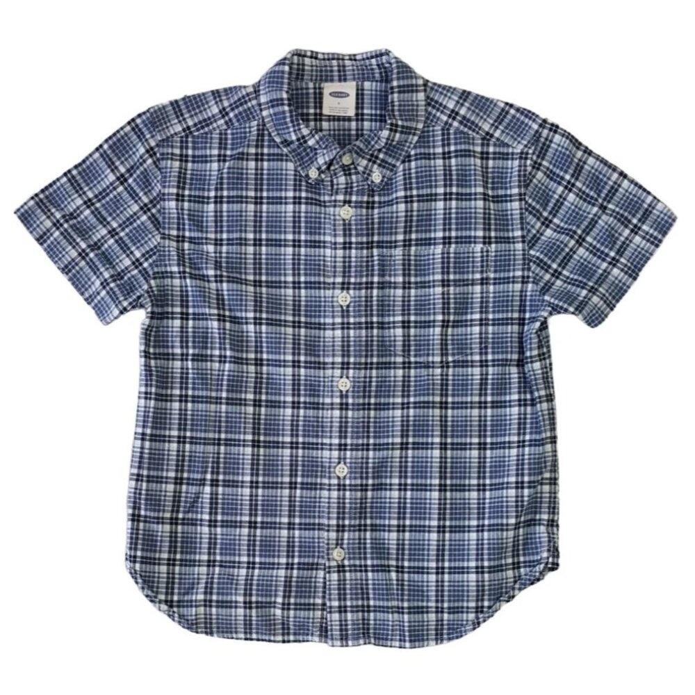 Old Navy Boys Plaid Button Down Shirt Blue SZ 6 White Check Short Sleeve Pocket